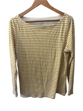Loft Striped Shirt Womens Size XL Long Sleeve Mustard Boat Neck 100% Cotton Top